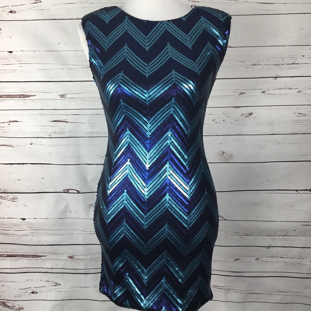 Metallic Formal Dress Multi Blue Chevron‎ As U Wish Sequins Dress. Small